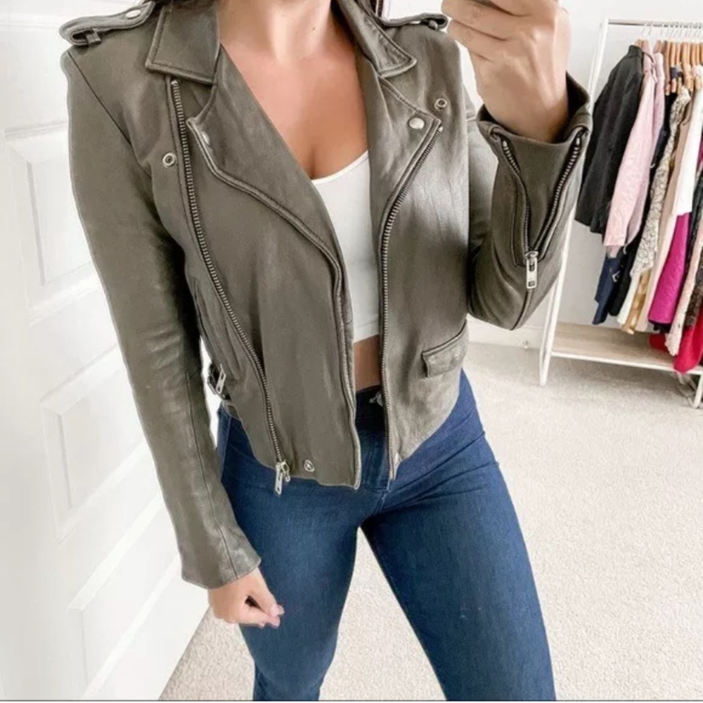 IRO Olive Green Ashville Leather Cropped Distressed Moto Jacket - Picture 4 of 16